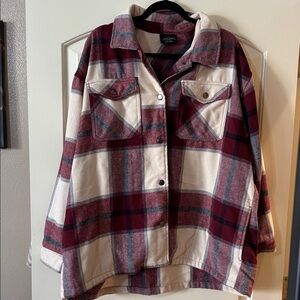 HFX Plaid Utility Shacket Jacket - Button Down Burgundy and Cream XXL